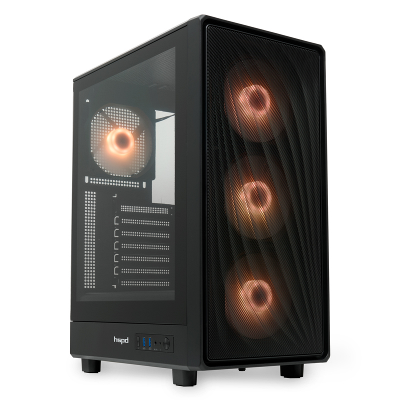 Корпус без блока питания/ HSPD M510, Mesh Mid Tower, Black, TG, 0.5 SPCC, 4x120mm ARGB ATX, mATX, mITX 180/280/160mm 1x2.5", 1x3.5", 7xPCI 2xUSB-A 3.0 517x277x418mm (M510-TGBK-ARGB)