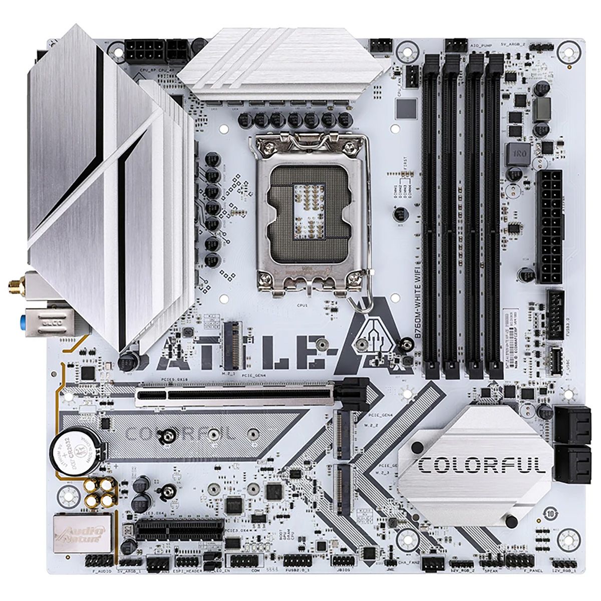 Материнская плата Colorful BATTLE-AX B760M-WHITE WIFI V20 B760, LGA1700, 4*DDR4, 1*PCIEx16, 1*PCIEx4, 3*M.2, 2*TypeC, 5*USB3.2Gen1, 6*USB2.0, 4*SATA3.0, 2.5G, DP, HDMI, M-ATX, RTL