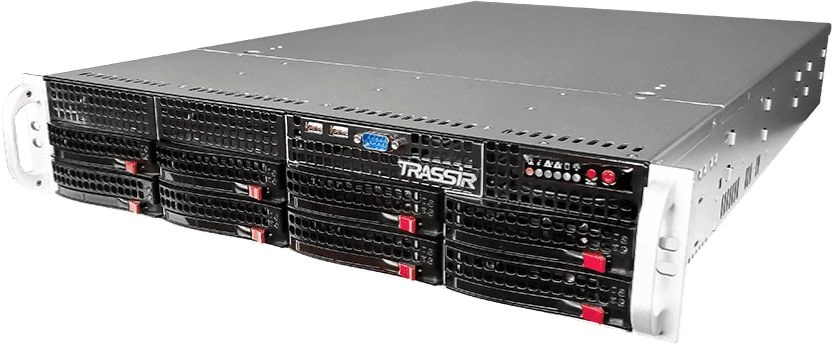 TRASSIR NeuroStation до 128 IP-видеокамер, битрейт до 720 Мбит/ сек, формат сжатия Н.265+, Н.265, Н.264, MPEG4 или MJPEG. 2 х Ethernet 10/ 100/ 1000 Мбит/ с, 3видеовыхода, до 8-ми HDD 3.5"