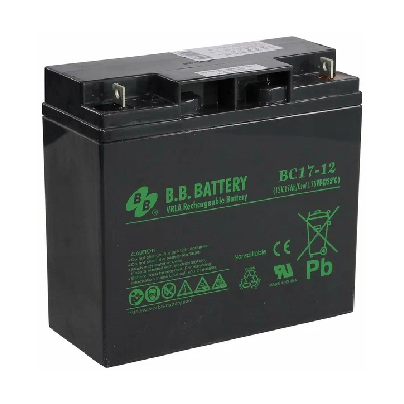 Батарея B.B. Battery серия BC, BC17-12, напряжение 12В, емкость 17Ач (разряд 20 часов), макс. ток разряда (5 сек.) 255А, макс. ток заряда 5.1A, свинцово-кислотная типа AGM, клеммы B1, ДxШxВ 181x76x166