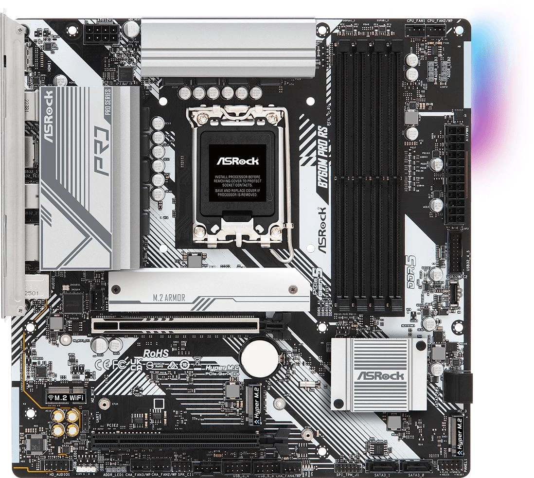 ASROCK B760M PRO RS, LGA1700, B760, 4*DDR5, 4*SATA, 3*M.2, 3*USB 3.2, 2*USB 2.0, Type-C, 2*PCIx16, 1xM.2 (Key E), HDMI+DP, mATX