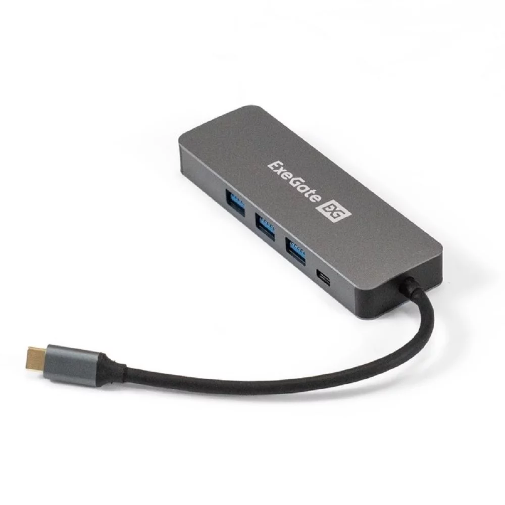 Exegate EX293984RUS Док-станция ExeGate DUB-31C/ PD/ H (кабель-адаптер USB Type-C --> 3xUSB3.0 + PD 60W + HDMI 4K@30Hz, Plug&Play, серый)