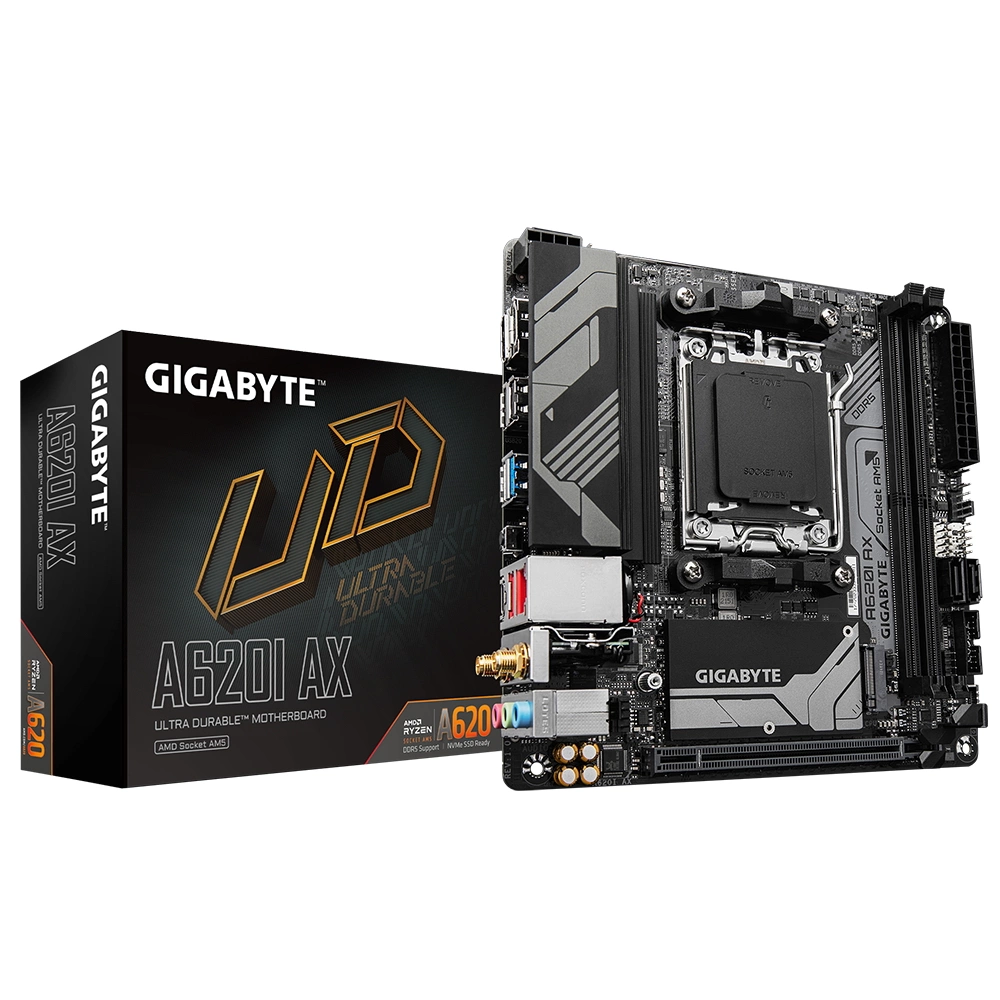 Материнская плата Gigabyte A620I AX, Socket AM5, AMD A620, 2xDDR5-5200, HDMI+DP, 1xPCI-Ex16, 2xSATA3(RAID 0,1), 1xM.2, 8 Ch Audio, 2.5GbLan, WiFi, (2+2)xUSB2.0, (3+2)xUSB3.2, (1+1)xUSB3.2 Type-C™, Mini-ITX, RTL