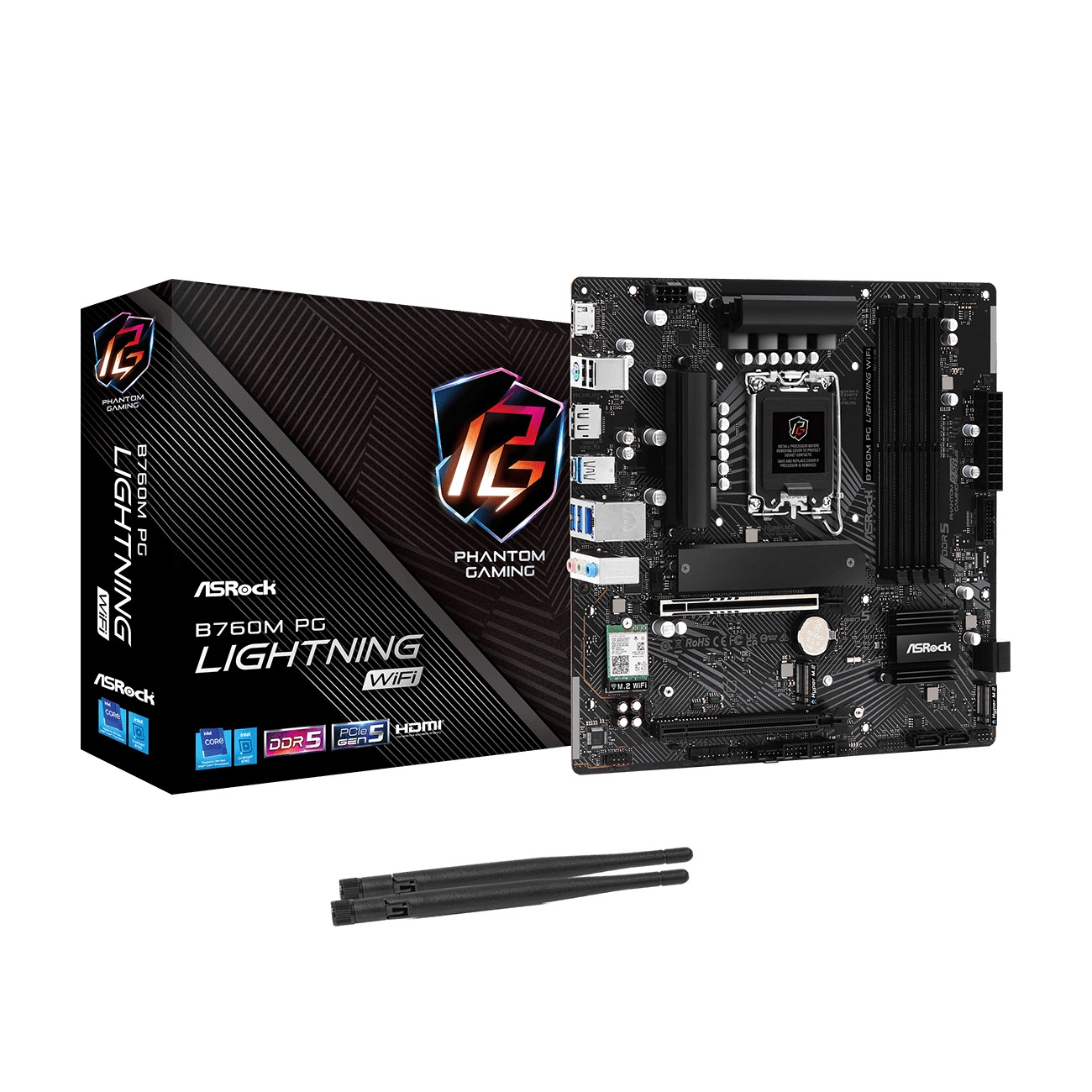 ASROCK B760M PG LIGHTNING WIFI, LGA1700, B760, 4*DDR5, 4*SATA, 3*M.2, 3*USB 3.2, 2*USB 2.0, Type-C, 2*PCIx16, 1*M.2 (Key E) HDMI+DP, mATX