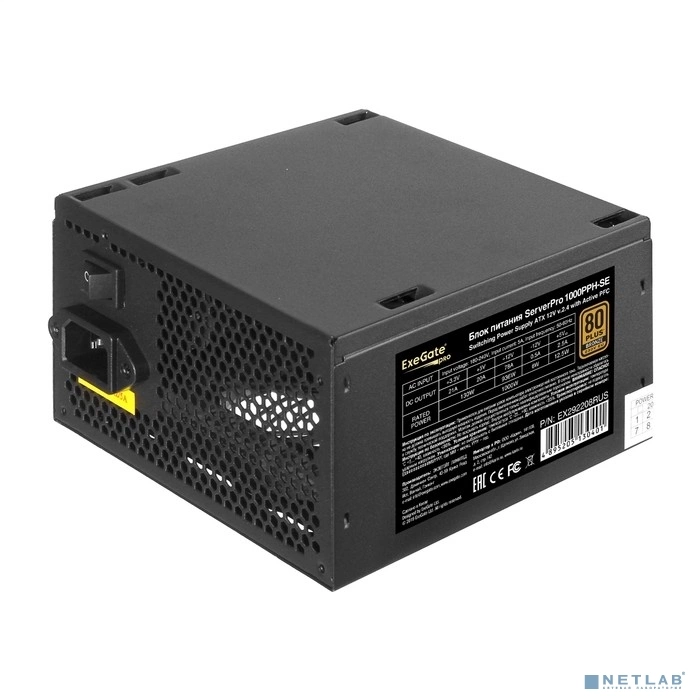 Exegate EX292208RUS Серверный БП 1000W ExeGate ServerPRO 80 PLUS® Bronze 1000PPH-SE (ATX, for 3U+ cases, APFC, КПД 89% (80 PLUS Bronze), 12cm fan, 24pin, 2x(4+4)p, 6xPCI-E, 8xSATA, 4xIDE, box, black)