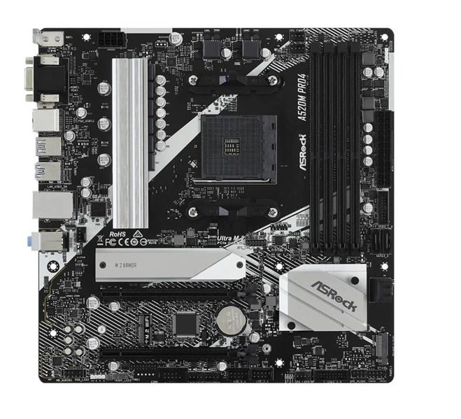 ASROCK A520M PRO4, AM4, A520, 4*DDR4, 4*SATA, 2*M.2, 5*USB 3.2, 2*USB 2.0, Type-C, 2*PCIx16, 1*M.2 (Key E), D-Sub+HDMI, mATX