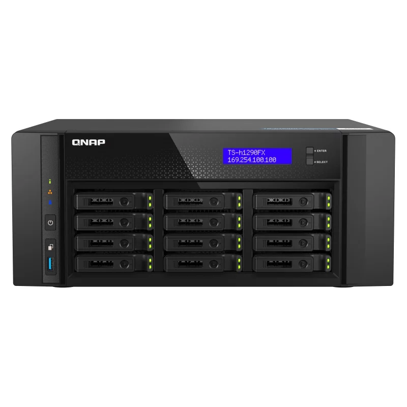 Сетевое хранилище без дисков/ Enterprise QNAP TS-h1290FX-7302P-128G12-Bay NAS(2.5 SATA/ SSD U.2 NVMe w/ o HDD), AMD EPYC 7302P 3.0 GHz (3.3 GHz), 128 GB DDR4 ECC, 2x2.5GbE LAN, 2 x 25GbE SFP28 port