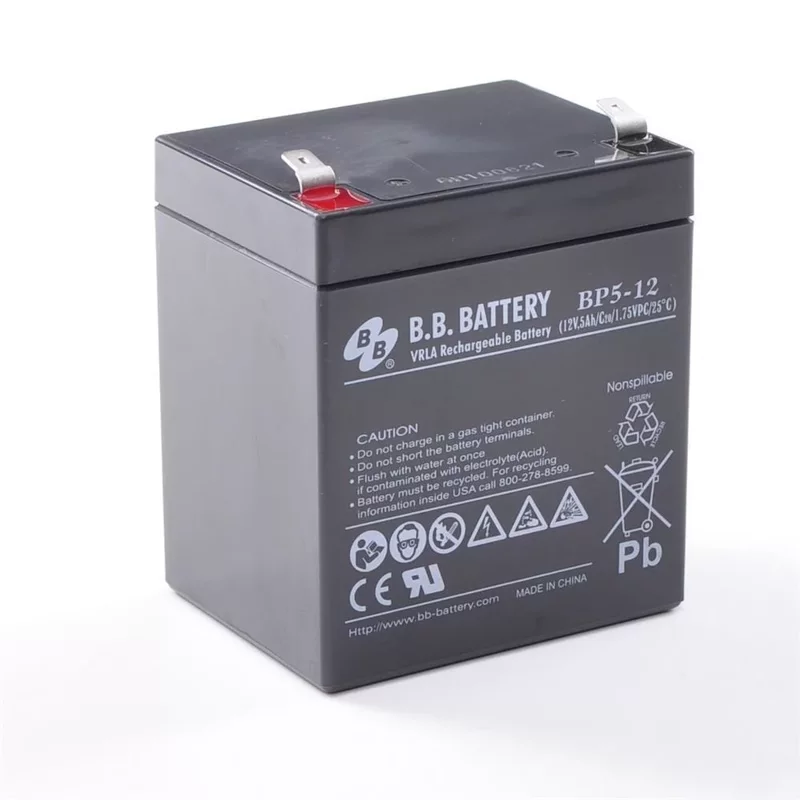 Батарея B.B. Battery серия BP, BP5-12, напряжение 12В, емкость 5Ач (разряд 20 часов), макс. ток разряда (5 сек.) 75А, макс. ток заряда 1.5A, свинцово-кислотная типа AGM, клеммы T2, ДxШxВ 90x70x106мм.,