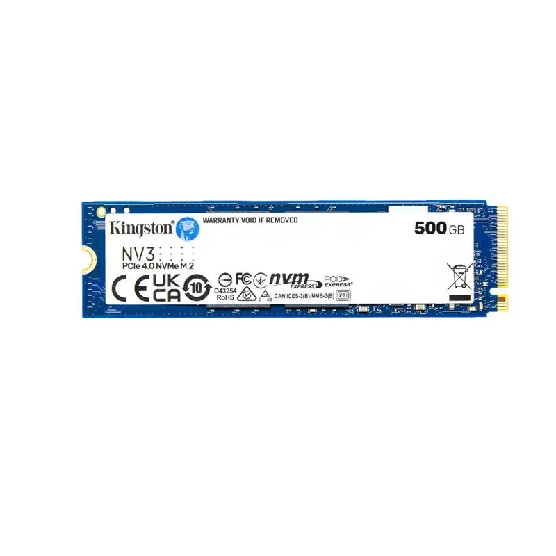 Твердотельный накопитель/ Kingston SSD NV3, 500GB, M.2(22x80mm), NVMe, PCIe 4.0 x4, 3D TLC, R/ W 5000/ 3000MB/ s, TBW 160, DWPD 0.3 (3 года) (SNV3S/500G)