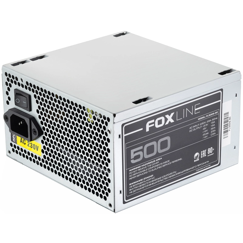 Power Supply Foxline, 500W, ATX, APFC, 120FAN, CPU 8(4+4)pin, MB 24pin, PCI-E 6+2pin, 1*PATA, 3*SATA, 80+ (FL500S-80)