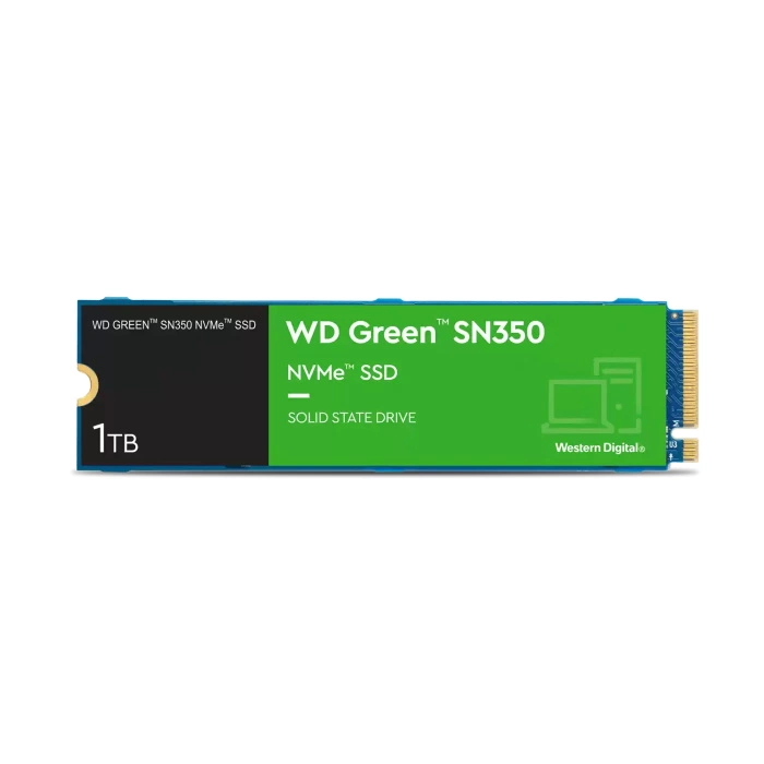 Твердотельный накопитель/ WD SSD Green SN350 NVMe, 1.0TB, M.2(22x80mm), NVMe, PCIe 3.0 x4, QLC, R/W 3200/2500MB/s, IOPs 300 000/400 000, TBW 100, DWPD 0.1 (12 мес.) (WDS100T3G0C)