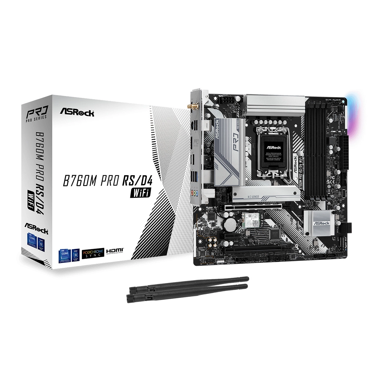 ASROCK B760 PRO RS/D4 WIFI, LGA1700, B760, 4*DDR4, 4*SATA, 3*M.2, 5*USB 3.2, 2*USB 2.0, Type-C, 3*PCIx16, 1*PCIx1, 1*M.2 (Key E), HDMI+DP, ATX