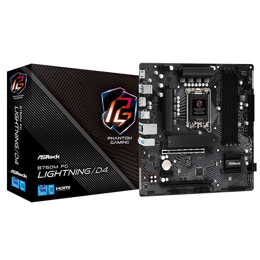 B760M PG LIGHTNING/D4, Socket 1700, Intel®B760, 4xDDR4-3200, HDMI+DP, 2xPCI-Ex16, 1xPCI-Ex1, 4xSATA3(RAID 0/ 1/ 5/ 10), 2xM.2, 8 Ch Audio, GLan, (2+4)xUSB2.0, (3+2)xUSB3.2, (1+0)xUSB3.2 Type-C™, 1xPS/ 2, mATX, RTL {}