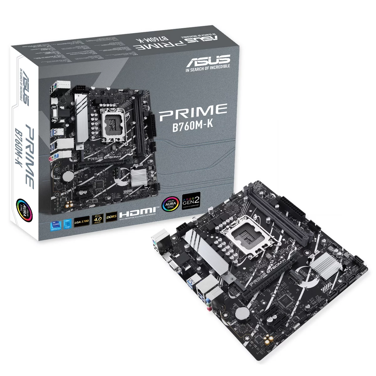 Материнская плата ASUS PRIME B760M-K, LGA1700, B760, 2*DDR5, 4*SATA, 2*M.2, 4*USB 3.2, 2*USB 2.0, 1*PCIx16, 2*PCIx1, HDMI+VGA, mATX (90MB1FI0-M1EAY0)