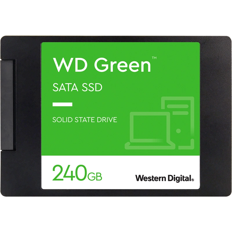 Твердотельные накопители/ WD SSD Green, 240GB, 2.5" 7mm, SATA3, 3D TLC, R/W 545/465MB/s, IOPs 37 000/68 000, TBW 80, DWPD 0.3 (12 мес.) (WDS240G3G0A)