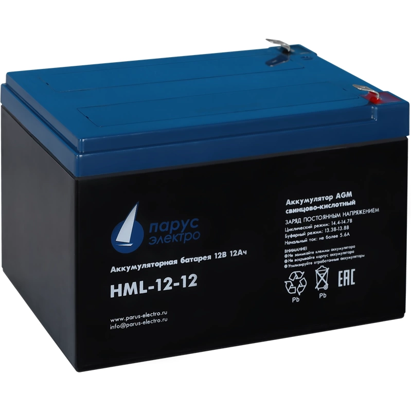 Battery Parus Electro, professional series HML-12-12, voltage 12V, capacity 12Ah (discharge 20 hours), max. discharge current (5sec) 180A, max. charge current 4.8A, lead-acid type AGM, terminals F2, L