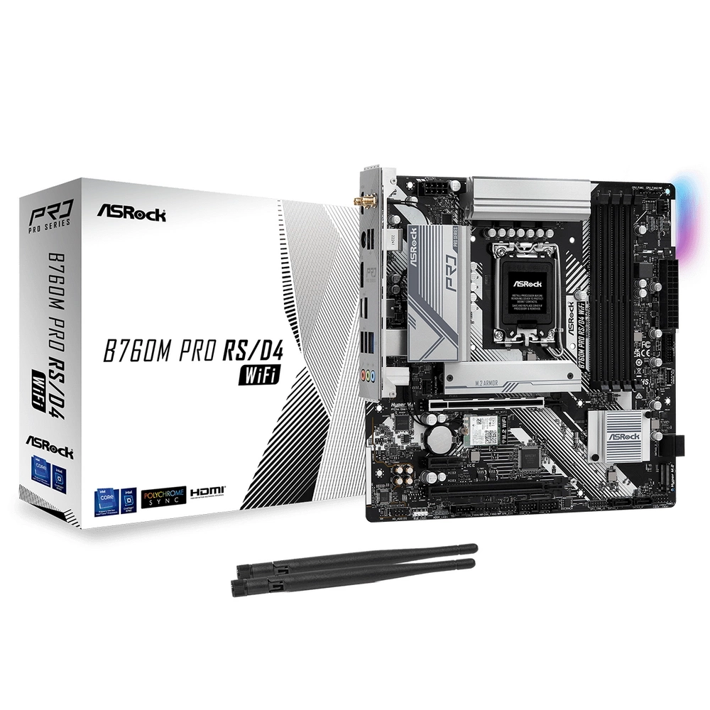 B760M PRO RS/D4 WIFI, Socket 1700, Intel®B760, 4xDDR4-3200, HDMI+DP, 2xPCI-Ex16, 1xPCI-Ex1, 4xSATA3(RAID0/ 1/ 5/ 10), 2xM.2, 8 Ch Audio, 1x2.5GLan, WiFi, (2+4)xUSB2.0, (3+2)xUSB3.2, (1+1)xUSB3.2 Type-C™, ATX, 1xPS/ 2, RTL {}