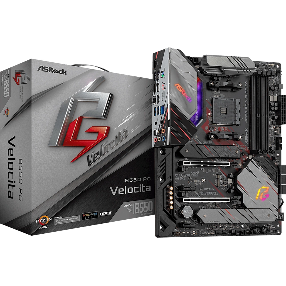 Материнская плата ASRock B550 PG VELOCITA, Socket AM4, AMD B550, 4xDDR4-3200, HDMI, 2xPCI-Ex16, 2xPCI-Ex1, 6xSATA3(RAID 0/1/10), 2xM.2, 8 Ch Audio, 1x2,5GLan, (4+4)xUSB2.0, (3+2)xUSB3.2, (1+1)xUSB3.2 Type-C™, 1xPS/2, ATX, RTL, {5} (931550)