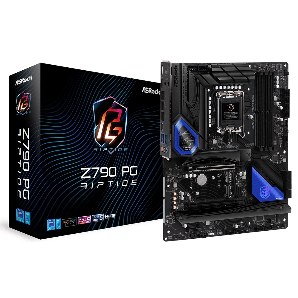 Z790 PG RIPTIDE, Socket 1700, Intel®Z790, 4xDDR5-4800, HDMI+DP, 2xPCI-Ex16, 1xPCI-Ex1, 8xSATA3(RAID 0/ 1/ 5/ 10), 5xM.2, 8 Ch Audio, 1x2.5GLan, (2+4)xUSB2.0, (6+2)xUSB3.2, (1+1)xUSB3.2 Type-C™, ATX, RTL {}