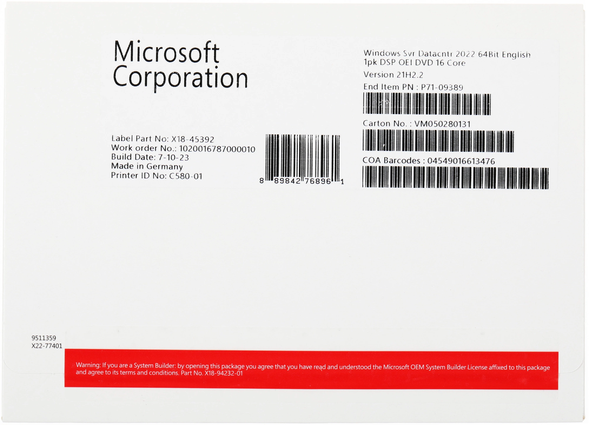 Операционная система Microsoft Windows Server Datacenter 2022 64Bit Eng 1pk DSP OEI DVD 16 Core (P71-09389)