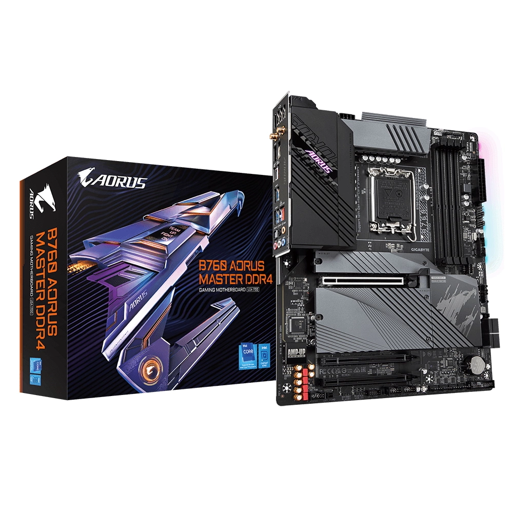 B760 AORUS MASTER DDR4, Socket 1700, Intel®B760, 4xDDR4-3200, HDMI+DP, 3xPCI-Ex16, 4xSATA3(RAID 0/ 1/ 5/ 10), 3xM.2, 8Ch Audio, 2.5GbLan, WiFi, (4+4)xUSB2.0, (5+2)xUSB3.2, (1+1)xUSB3.2 Type-C™, ATX, RTL