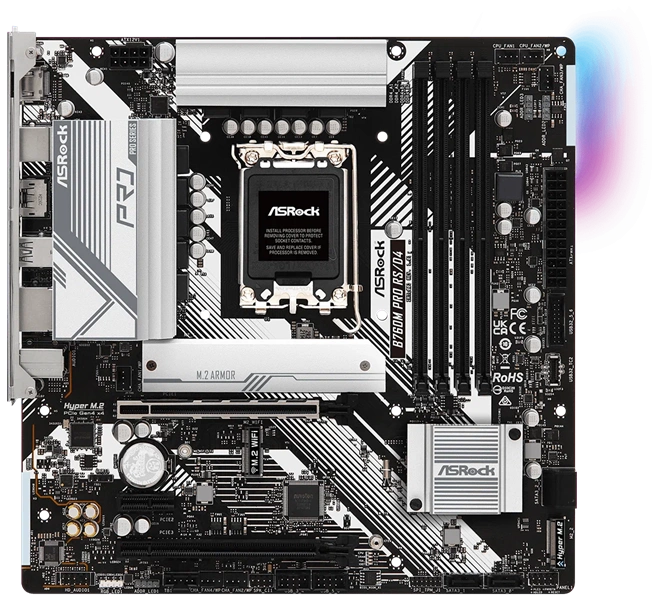 ASROCK B760M PRO RS/D4, LGA1700, B760, 4*DDR4, 4*SATA, 2*M.2, 3*USB 3.2, 2*USB 2.0, Type-C, 2*PCIx16, 1*PCIx1, 1xM.2 (Key E), HDMI+DP, mATX